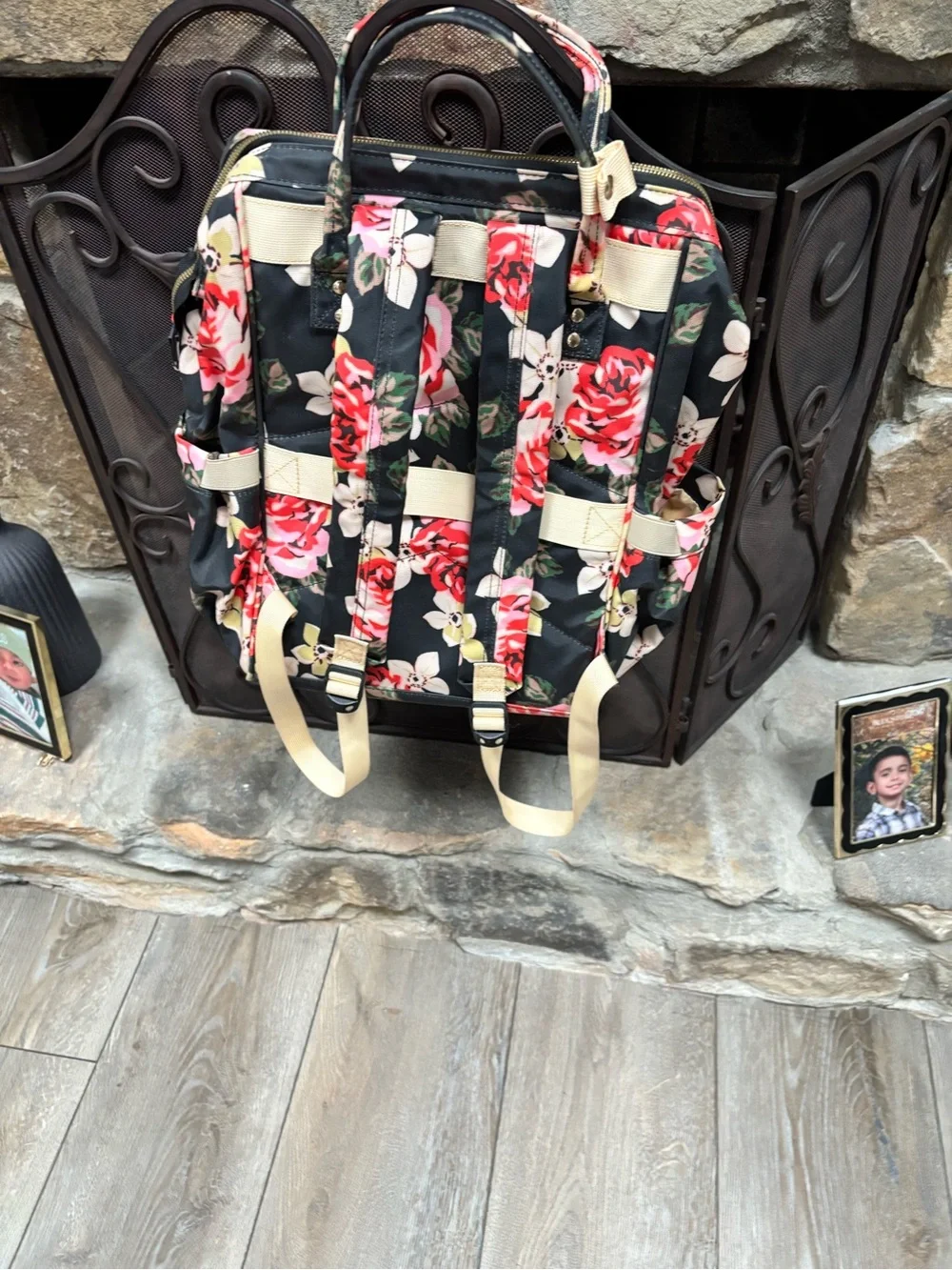 Floral Quilted Backpack Tote in Black and Pink Roses